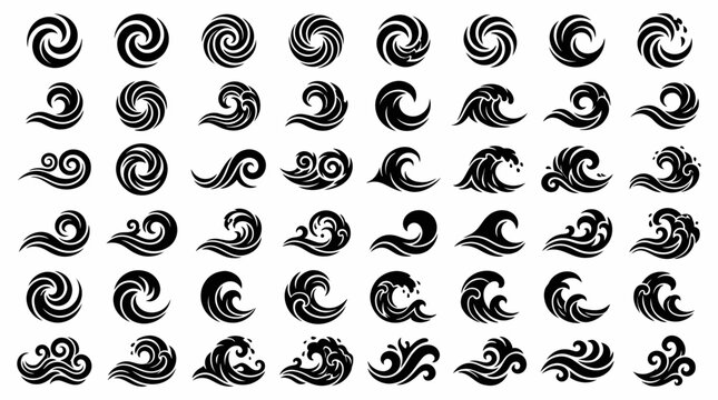 Huge set of 48 minimalist black vector icons depicting swirling water, ocean waves and spiral elements, concept for tattoo design, graphic assets and environmental projects