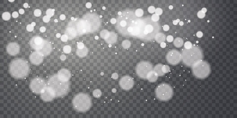 Festive sparkling dust white PNG. Bokeh Christmas glowing light effect. Soft white bokeh light circles float on a transparent background, glowing effect perfect for overlays, festive designs
