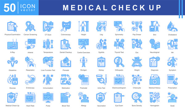 Medical Checkup icon set featuring physical exam, cancer screening, CT scan, X-ray, diagnosis, immunization, blood test, and medical history. Ideal for healthcare, clinics, and wellness services.