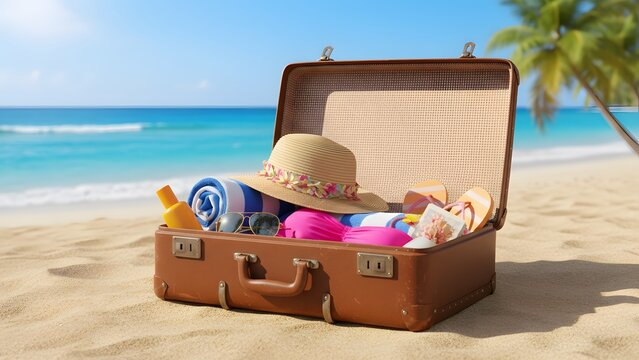 Classic brown suitcase brimming with essential summer holiday items sits invitingly on a pristine sandy beach with the sparkling ocean in the background, ready for a tropical getaway