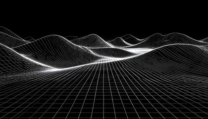 Abstract wireframe landscape depicting undulating waves against dark backdrop