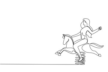 Continuous line drawing of a girl riding a spring horse toy, symbolizing joy and playful freedom, created in a health concept for the theme of National Making Life Beautiful Day.