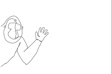 Single line draw of a gorilla waving its hand from behind the wall, designed in a minimalist style. This artwork symbolizes strength and awareness for International Primate Day within a nature concept