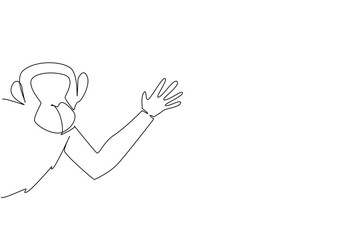 Fototapeta premium Continuous line drawing of a chimpanzee waving hand behind the wall, symbolizing playful wildlife. Created as an art concept for International Animal Day, highlighting animal charm.