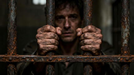 A man with dirty, clenched hands grips rusty iron bars of a dark cell, conveying suffering, confinement, and despair in a grim, oppressive setting.