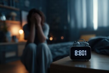 a photo of an alarm clock on the nightstand. in the foreground, a blurred-out woman sits up from the bed