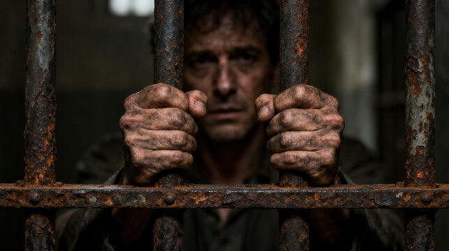 A man with dirty, clenched hands grips rusty iron bars of a dark cell, conveying suffering, confinement, and despair in a grim, oppressive setting.