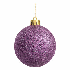Purple glitter Christmas bauble ornament with gold cap and hanging cord, isolated on transparent background.