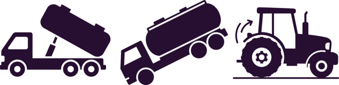 Silhouettes of a tipper truck, a tanker truck, and a tractor Keywords: tipper truck, dump truck, tanker truck, liquid transport