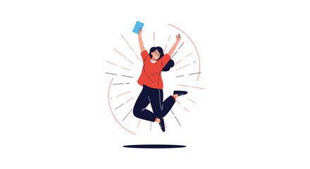 Fototapeta premium An energetic and happy young woman jumping for joy while holding a book or diploma, symbolizing success, achievement, and celebration.