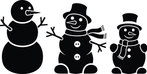 Set of three black snowman silhouettes in different sizes wearing hats and scarves with branch arms isolated on white background for Christmas holiday decoration.