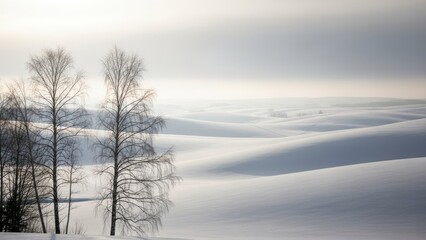 Serene winter landscape with snow covered hills and trees under a soft diffused sunlight