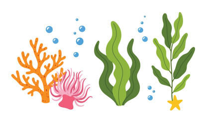 Illustrative representation of diverse ocean ecosystem elements, featuring a stunning orange coral, a beautiful pink anemone, vibrant green