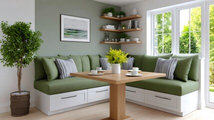 Modern green banquette seating in light-filled dining nook