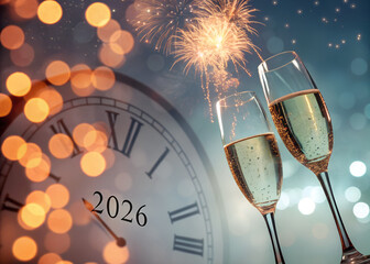 Świętowanie Nowego Roku 2026 – Szampan, Zegar i Toast w Blasku Świateł Bokeh © Sumiya