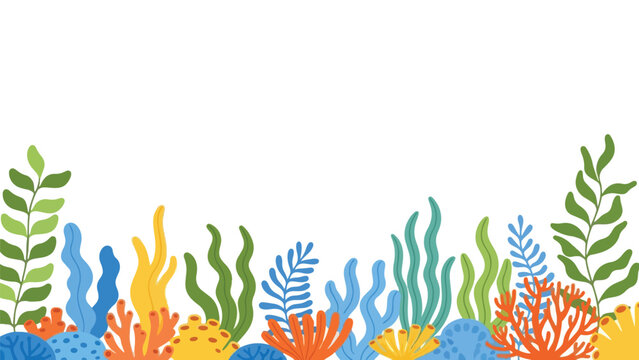 Vibrant coral reef illustration featuring diverse aquatic plants and colorful seaweed creating a lively under-the-sea border design for various