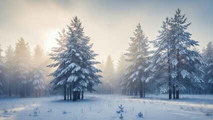 Obraz premium Serene Winter Forest Landscape with Snow Covered Pine Trees and Soft Sunlit Haze