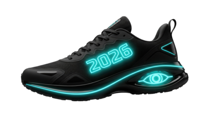 Black sneaker with glowing blue neon details and 2026 on side isolated on transparent background