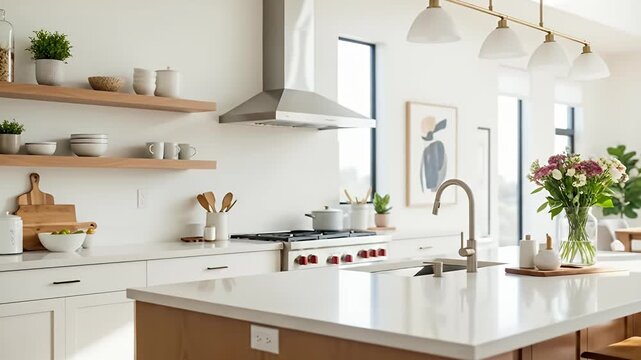 A pristine, modern kitchen interior, bathed in abundant natural light, showcasing sleek design and contemporary elegance. The spacious layout features a large island with a stylish sink and faucet, co