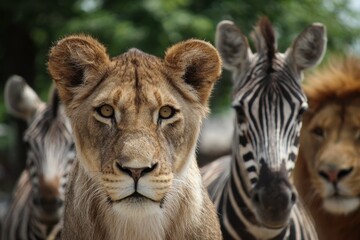 Lion and Zebra Portraits in African Wildlife Setting