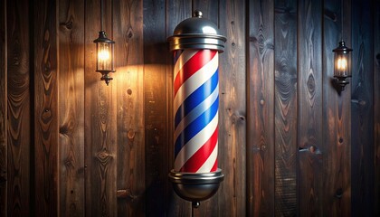 Classic barber pole with red, white, blue stripes on rustic wooden wall.