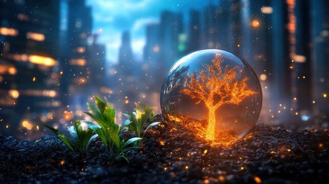 Glowing tree in sphere amidst urban scenery
