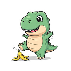 Fototapeta premium Cute Cartoon Dinosaur About to Slip on a Banana Peel.