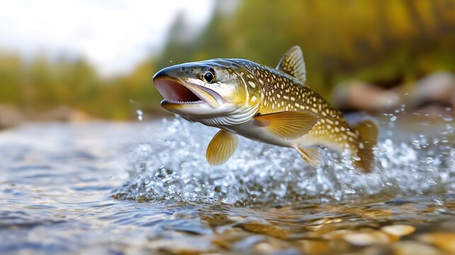 Brook trout leaping from splashing river water