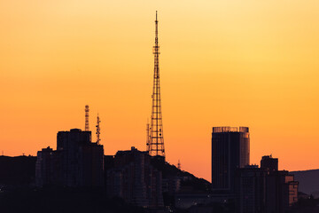 Urban development of Vladivostok at dawn. Bright dawn in Vladivostok.