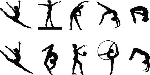 Gymnastics silhouette icons, dance poses, acrobatic movements, balance beam, rhythmic gymnastics, hoop, ball exercise, artistic performance © MstLovely
