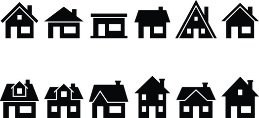House silhouette icons, architectural styles, home design, roof shapes, urban planning, residential buildings, construction, graphic illustration