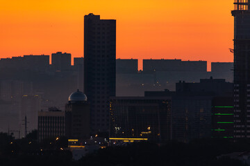 Urban development of Vladivostok at dawn. Bright dawn in Vladivostok.