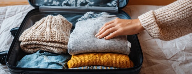 close-up of a woman's hand putting into a suitcase for travel at home, preparing to leave
