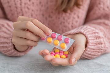 close-up of a woman's hands holding female birth control pills in her hand, taking a medicine tablet with a pack of lozenges at home