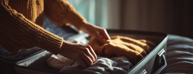 close-up of a woman's hands packing in a suitcase at home, ready for a vacation trip. high-quality photo with copy space area.