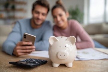 close-up of a young couple sitting together with a piggy bank and calculator, planning their budget for the coming year.