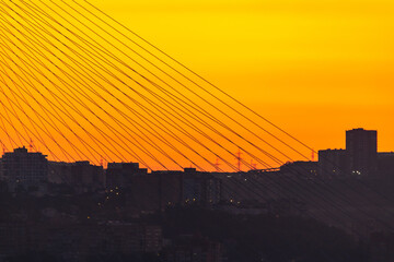 Golden bridge across the Golden Horn Bay in Vladivostok at dawn