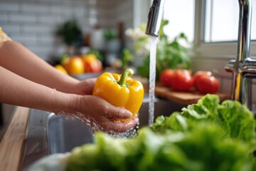 close-up of hands washing a yellow bell pepper in the kitchen sink, surrounded by fresh vegetables and stainless steel appliances.