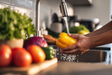 close-up of hands washing a yellow bell pepper in the kitchen sink, surrounded by fresh vegetables and stainless steel appliances.