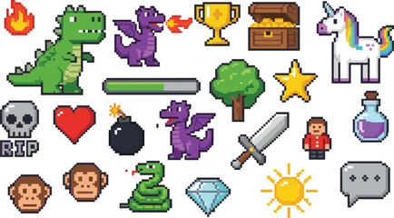 Pixel art game assets collection featuring dragons monsters icons items fantasy RPG elements isolated on white background retro style © Creatives World