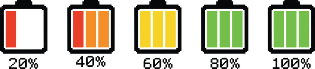 Pixel battery charge level icons set showing 20 40 60 80 100 percent energy status indicator, user interface graphic illustration