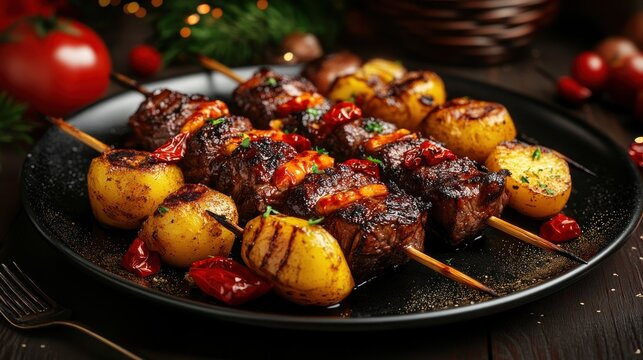 Grilled beef and potato skewers