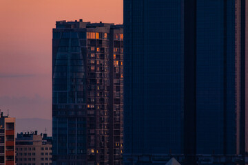 Urban development of Vladivostok at dawn. Bright dawn in Vladivostok.