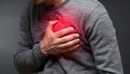 man holding chest with pain, heart attack or cardiac angina. activation in red on left side of photo, neck to right arm's shoulder.