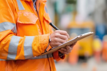 a construction worker in high-visibility taking notes on an pad, holding a pen and clipboard.