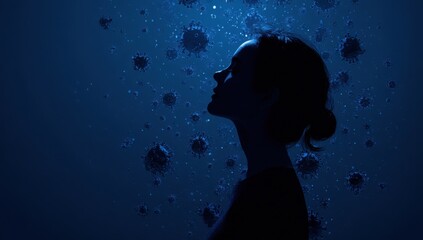 silhouette of a woman in profile against a dark blue background, with numerous coronavirus particles floating around her.