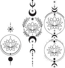 Set of Crescent moons with lotus flower, Flower Moon, Floral magic celestial clipart, Blooming Lotus Moon with Stars, Moon Phases.  Water lily in editable stroke.
