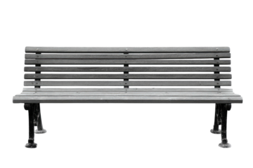 Empty park bench with wooden slats and cast iron legs in monochromatic tone isolated on transparent background