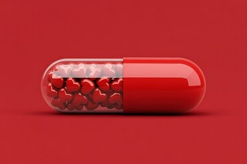 3 D Rendered Red Capsule Pill Filled with Heart Shapes