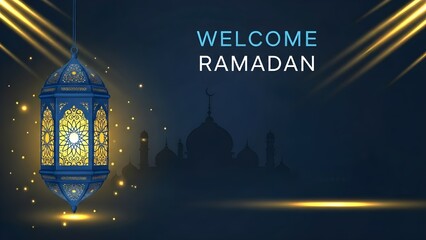 Welcome Ramadan Celebration with Illuminated Traditional Islamic Lantern and Mosque Silhouette on Dark Background